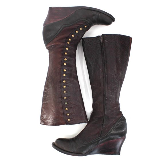 Calleen Cordero Knee High Boots 6.5 Black Brown Leather Brass Button Wedge Heel - Picture 12 of 15